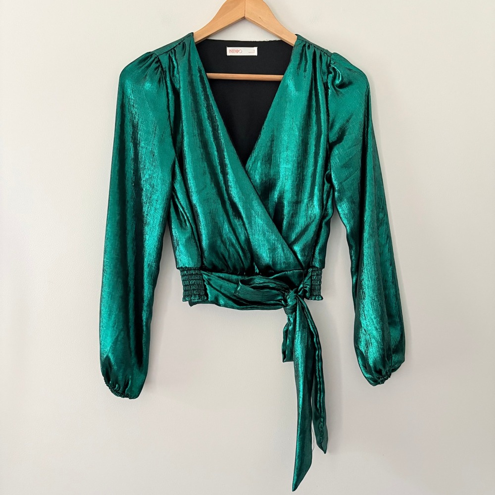 Intempo Blouse Metallic Wrap Top S Emerald Green Shimmer Smocked Bishop Sleeves